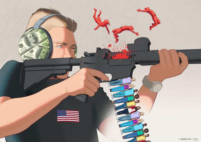 Amerika un ieroči Autors: Zibenzellis69 Šis mākslinieks ilustrē mūsdienu sabiedrības problēmas. Šeit viņa jaunākie darbi