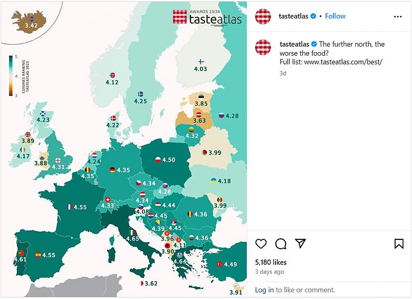 Savā laquoInstagramraquo... Autors: matilde Latvijas virtuve šogad nav iekļauta 100 labāko pasaules virtuvju sarakstā